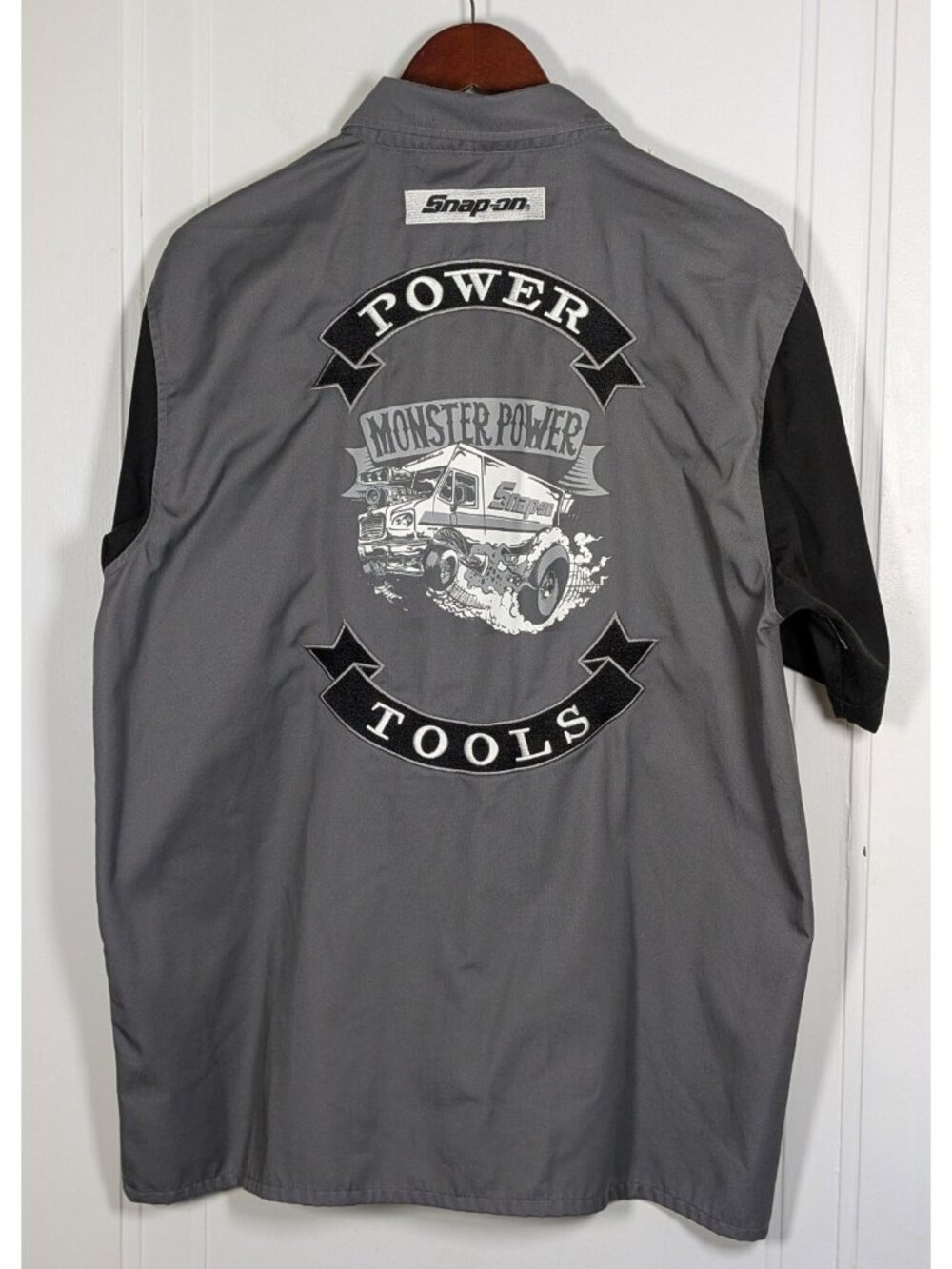 Snap-on Monster Power Tools Mechanic Work Shirt Mens Size Large Gray Black Retro